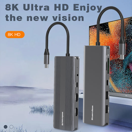 Docking Station USB-C 10-in-1 Bluendless, HDMI 8K/4K, 3x USB 3.0, LAN Gigabit, SD/TF, Jack 3.5mm, PD 100W, carcasă aluminiu, compatibil Windows, Mac, Linux