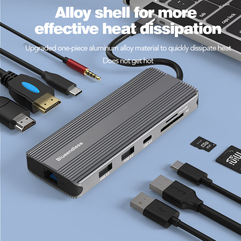 Docking Station USB-C 10-in-1 Bluendless, HDMI 8K/4K, 3x USB 3.0, LAN Gigabit, SD/TF, Jack 3.5mm, PD 100W, carcasă aluminiu, compatibil Windows, Mac, Linux