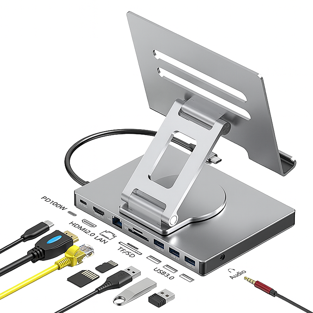 Suport Laptop/Tabletă cu Hub USB C 7-in 1, PD 100W HDMI 4K LAN Slot SDTF USB 3.0 Aluminiu grey