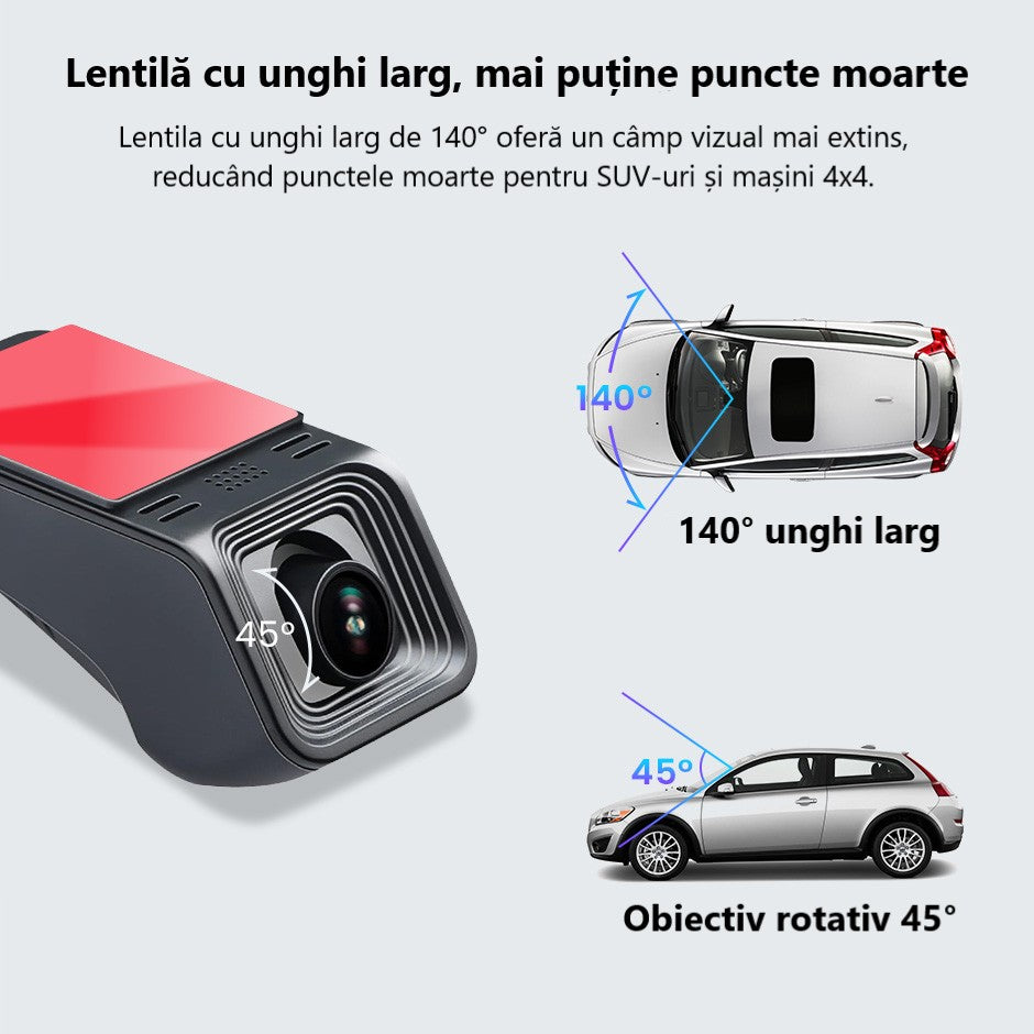 Cameră Auto 1080P cu Suport Android – DVR cu Unghi Larg, Viziune Nocturnă și TF 128GB