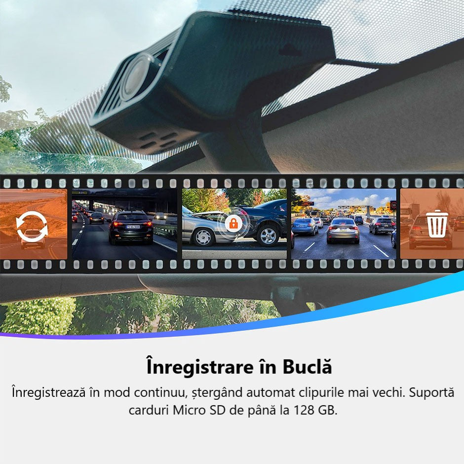 Cameră Auto 1080P cu Suport Android – DVR cu Unghi Larg, Viziune Nocturnă și TF 128GB