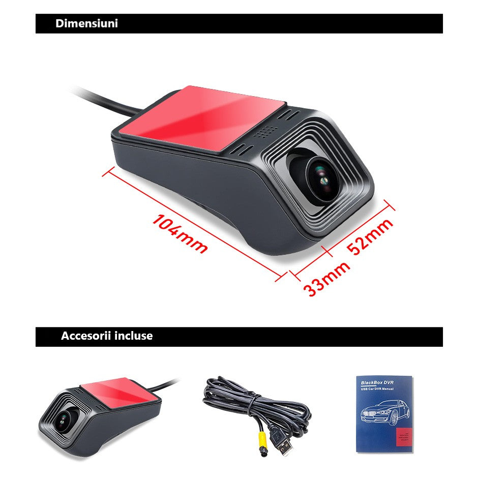 Cameră Auto 1080P cu Suport Android – DVR cu Unghi Larg, Viziune Nocturnă și TF 128GB