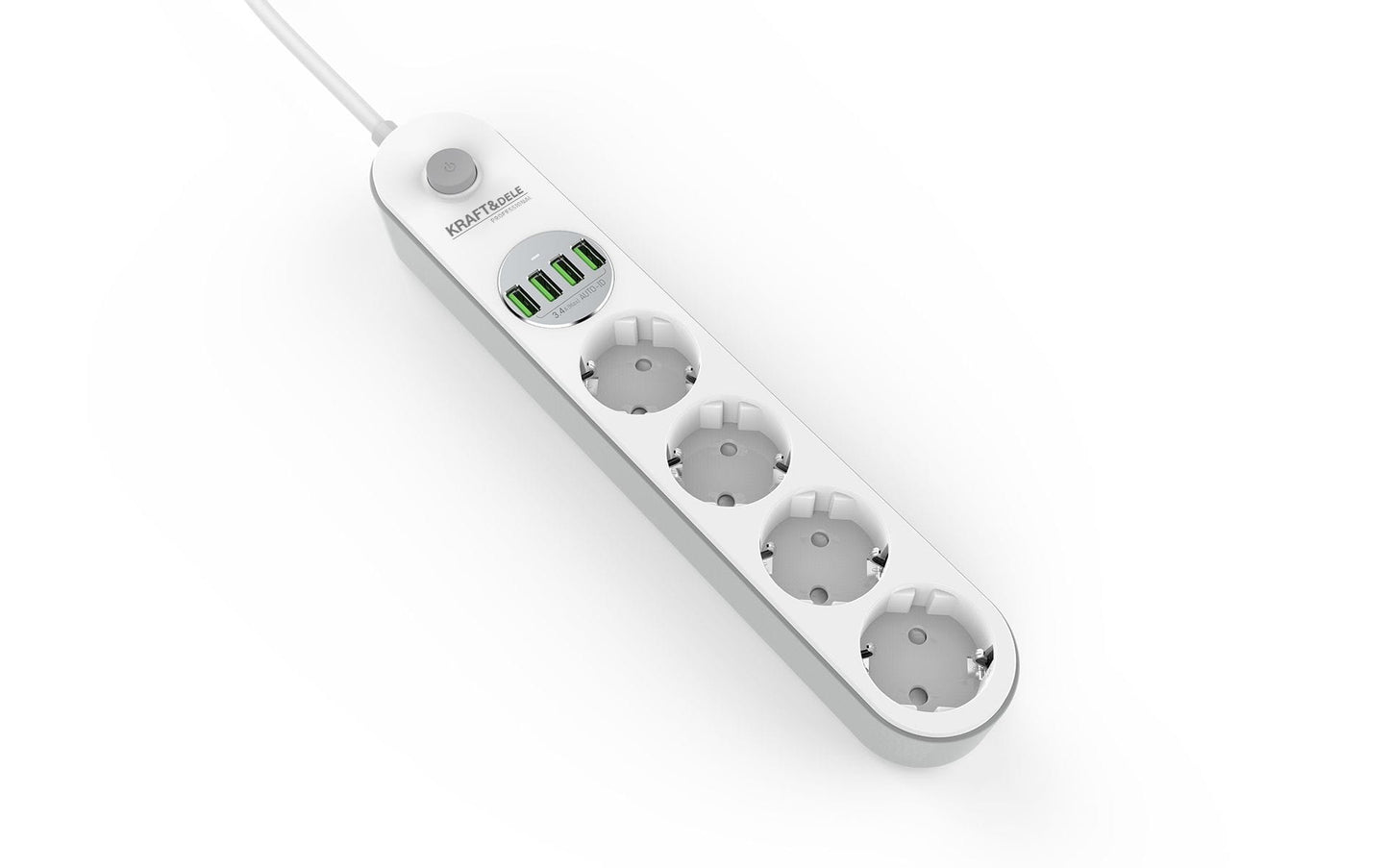 Prelungitor Multipriză cu 4 Prize și 4 Porturi USB, Cablu 2M, Protecție Suprasarcină și Siguranță Copii, Design Ignifug