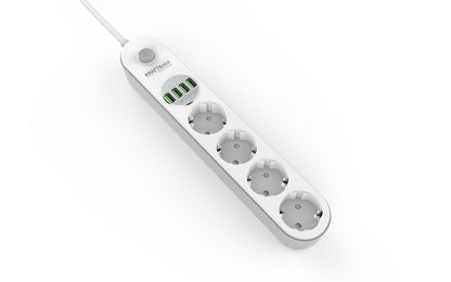 Prelungitor Multipriză cu 4 Prize și 4 Porturi USB, Cablu 2M, Protecție Suprasarcină și Siguranță Copii, Design Ignifug