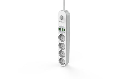 Prelungitor Multipriză cu 4 Prize și 4 Porturi USB, Cablu 2M, Protecție Suprasarcină și Siguranță Copii, Design Ignifug