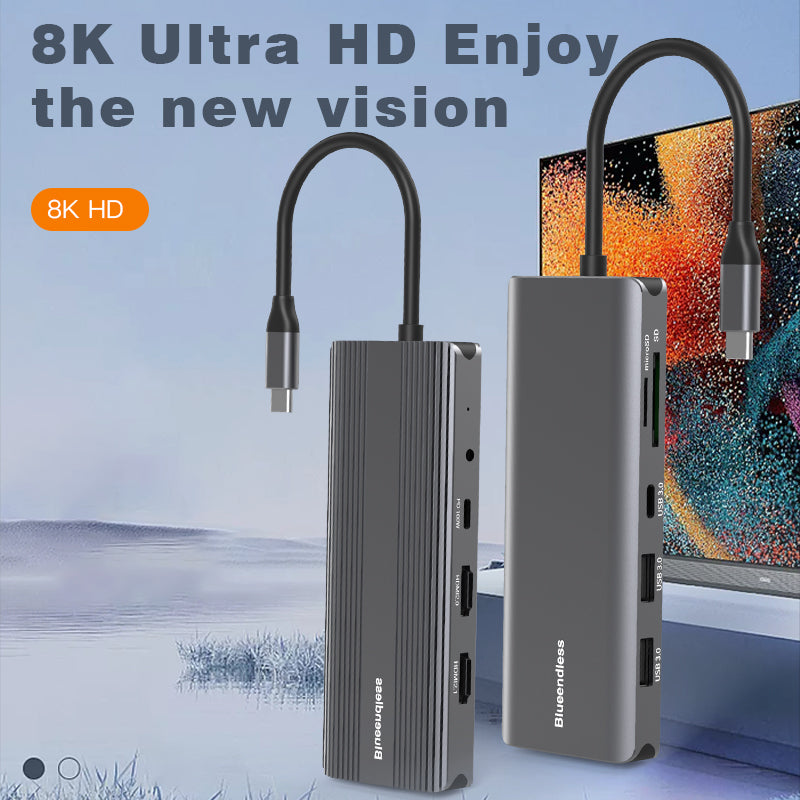 Docking Station USB-C 10-in-1 Bluendless, HDMI 8K/4K, 3x USB 3.0, LAN Gigabit, SD/TF, Jack 3.5mm, PD 100W, carcasă aluminiu, compatibil Windows, Mac, Linux
