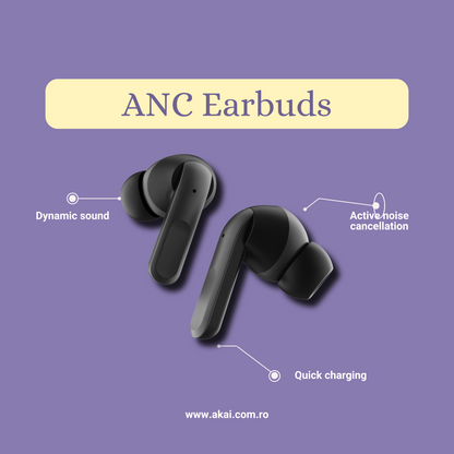 Căști Audio Bluetooth AKAI In-Ear cu ANC cu Sunet Premium și Anulare Activă a Zgomotului culoare negru