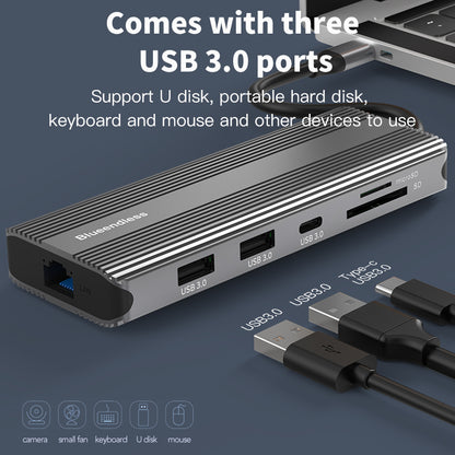 Docking Station USB-C 10-in-1 Bluendless, HDMI 8K/4K, 3x USB 3.0, LAN Gigabit, SD/TF, Jack 3.5mm, PD 100W, carcasă aluminiu, compatibil Windows, Mac, Linux