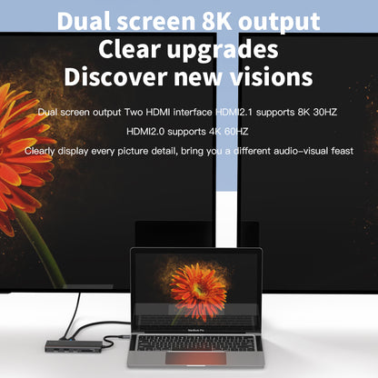 Docking Station USB-C 10-in-1 Bluendless, HDMI 8K/4K, 3x USB 3.0, LAN Gigabit, SD/TF, Jack 3.5mm, PD 100W, carcasă aluminiu, compatibil Windows, Mac, Linux