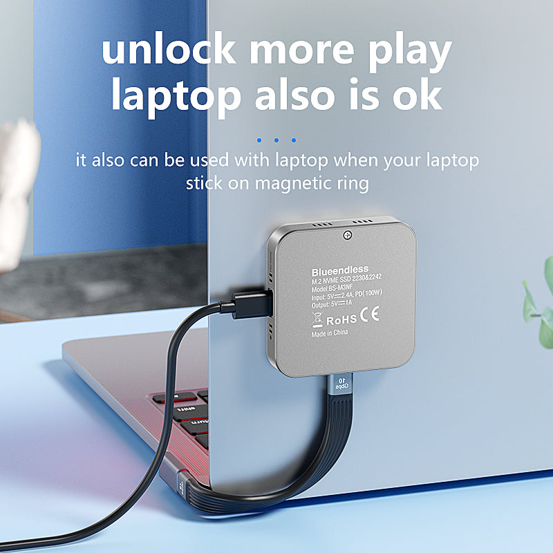 Cititor portabil SSD M.2 NVMe Blueendless – USB-C 10Gbps, PD 100W, răcire activă, compatibil iPhone/Samsung
