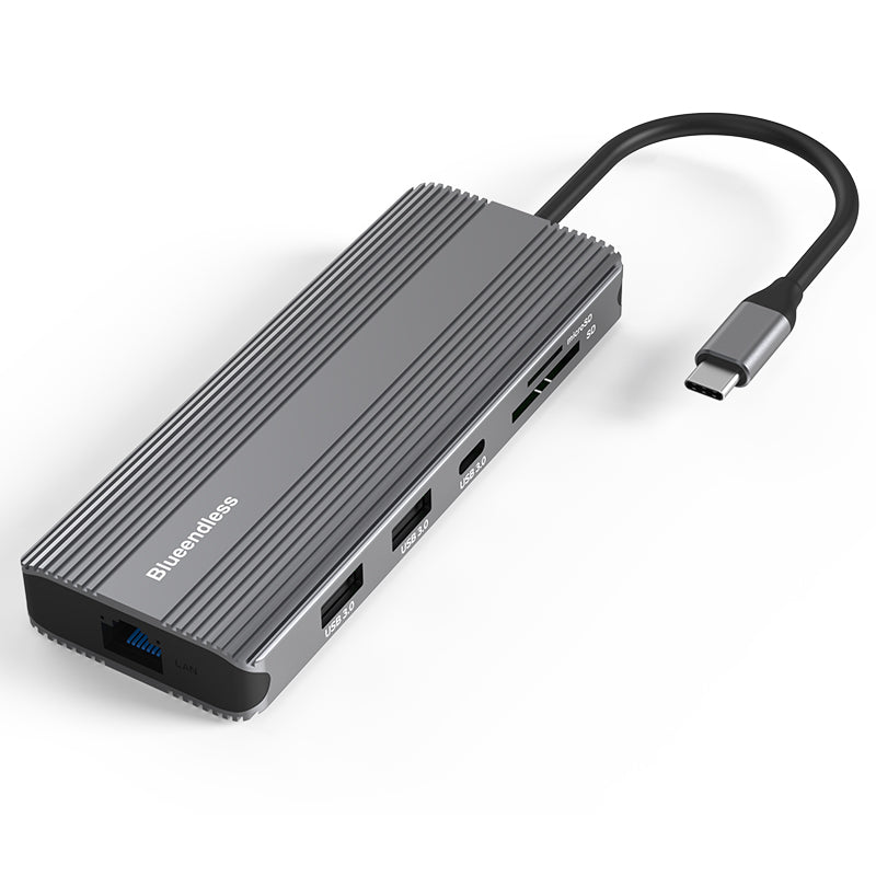 Docking Station USB-C 10-in-1 Bluendless, HDMI 8K/4K, 3x USB 3.0, LAN Gigabit, SD/TF, Jack 3.5mm, PD 100W, carcasă aluminiu, compatibil Windows, Mac, Linux