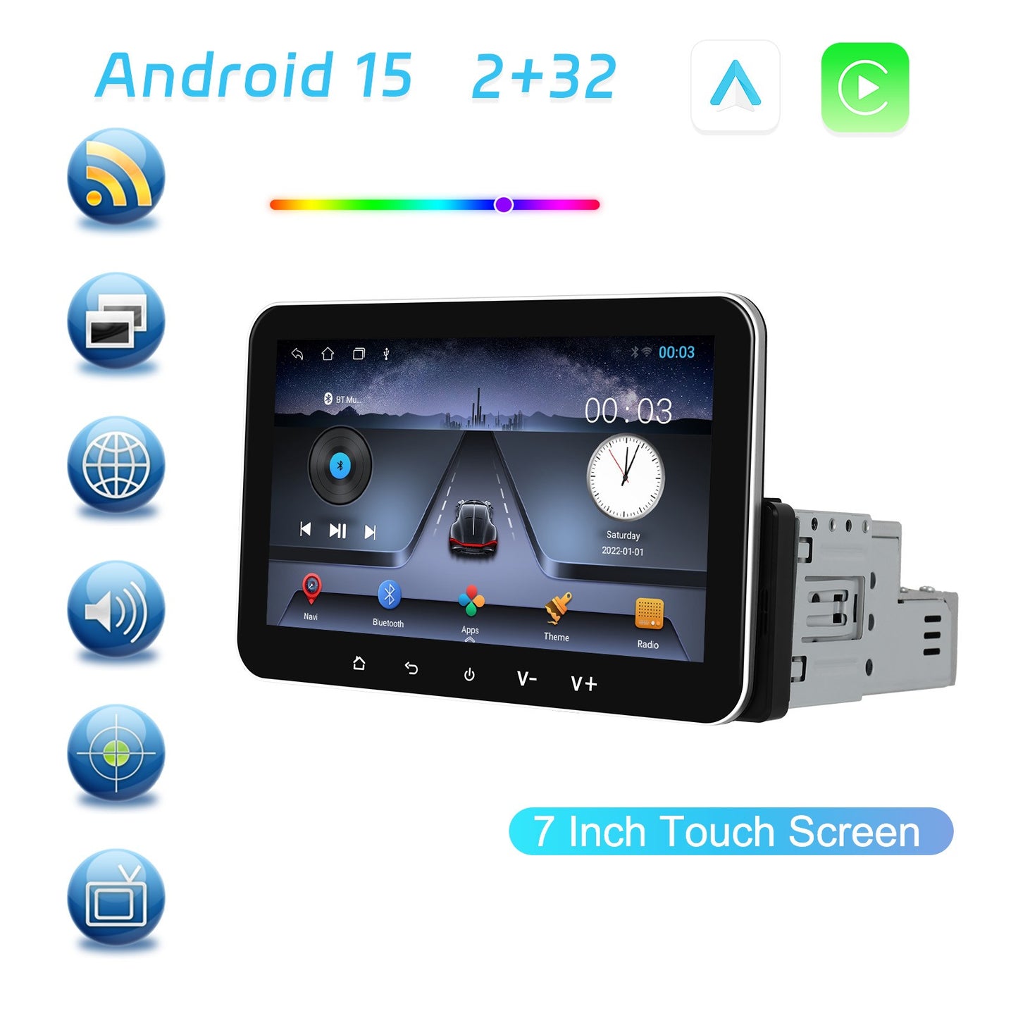 Player Auto universal 1DIN, 2+32GB, Android 15, CarPlay si Android Auto, Topway, USB, Bluetooth ecran 7 inch negru