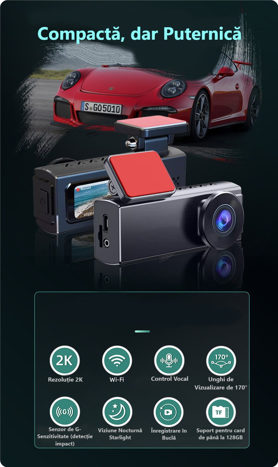 Cameră Auto Ultra HD 2K – DVR cu WiFi Rapid, G-Senzor și Vedere Nocturnă 170°