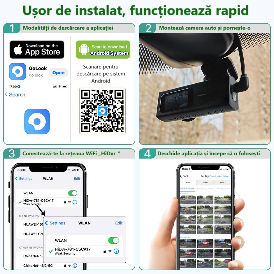 Cameră Auto Ultra HD 2K – DVR cu WiFi Rapid, G-Senzor și Vedere Nocturnă 170°
