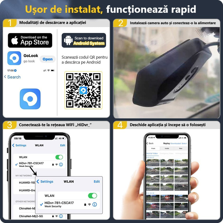 Cameră Auto DVR 2K – Wi-Fi Integrat, Monitorizare 24/7, G-Senzor și Înregistrare Continuă