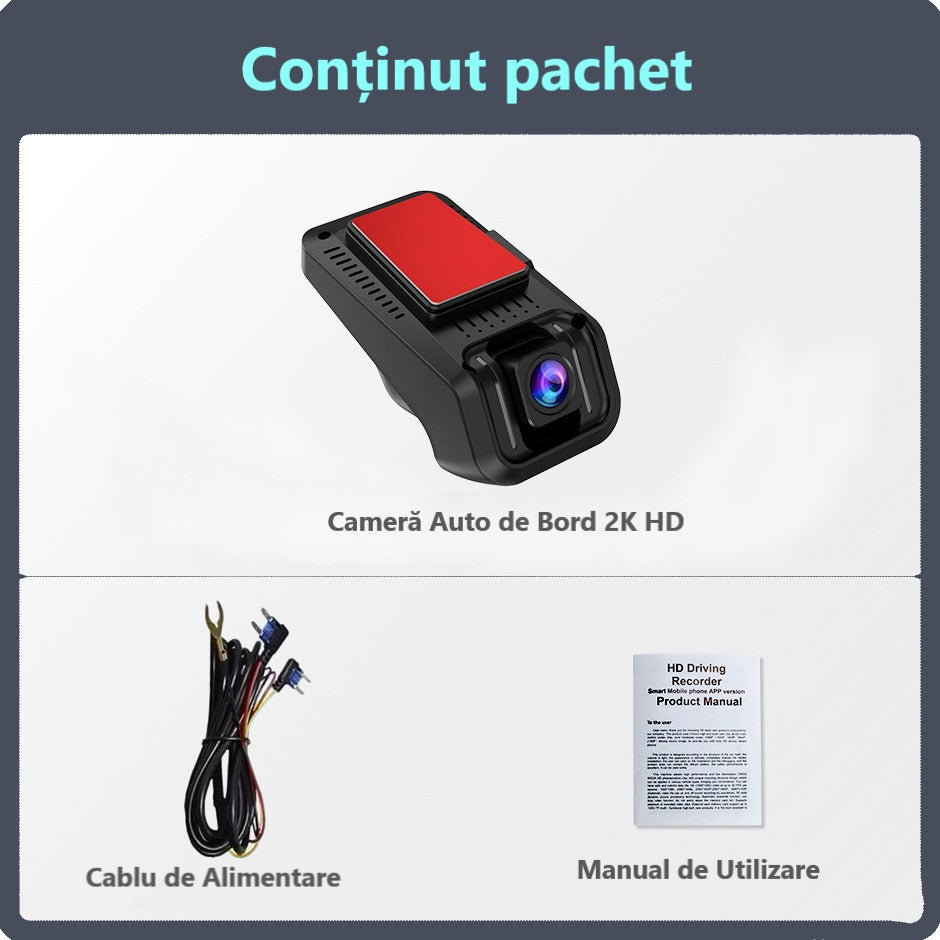 Cameră Auto DVR 2K – Wi-Fi Integrat, Monitorizare 24/7, G-Senzor și Înregistrare Continuă