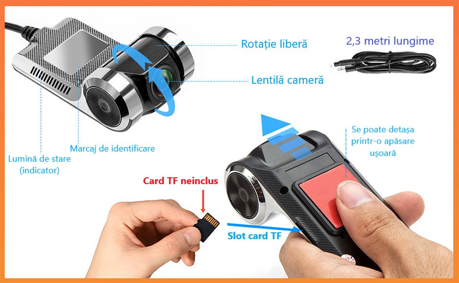 Cameră Auto DVR Minimalistă – 720P HD, Funcții Inteligente, Ideală pentru Android