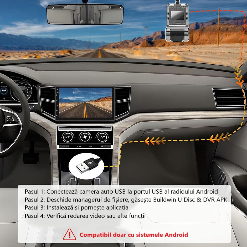 Cameră Auto DVR Minimalistă – 720P HD, Funcții Inteligente, Ideală pentru Android
