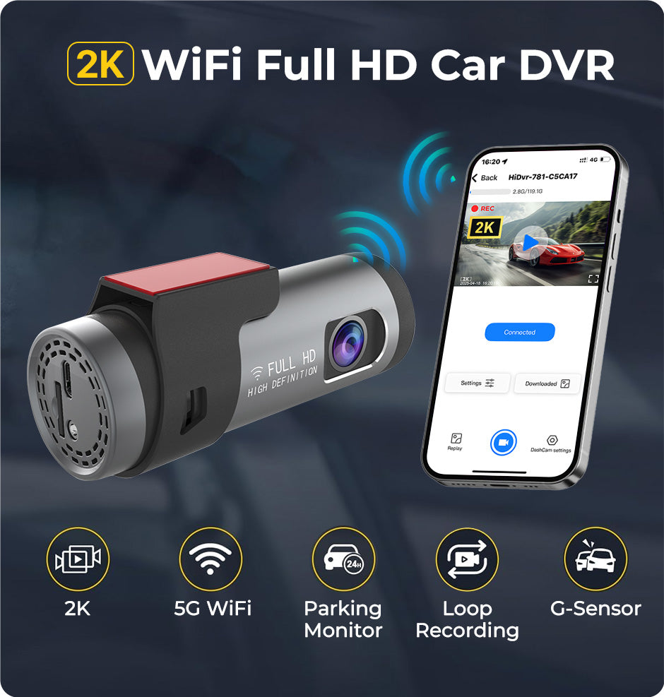 Cameră Auto 2K Smart cu WiFi – Viziune Nocturnă, G-Sensor și Supraveghere Parcare Non-Stop