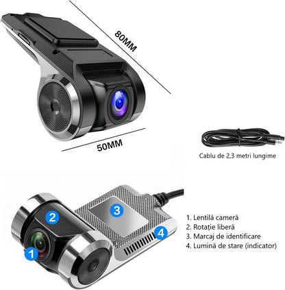 Cameră Auto DVR Minimalistă – 720P HD, Funcții Inteligente, Ideală pentru Android
