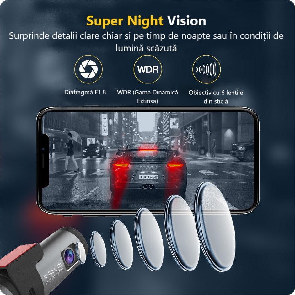 Cameră Auto 2K Smart cu WiFi – Viziune Nocturnă, G-Sensor și Supraveghere Parcare Non-Stop