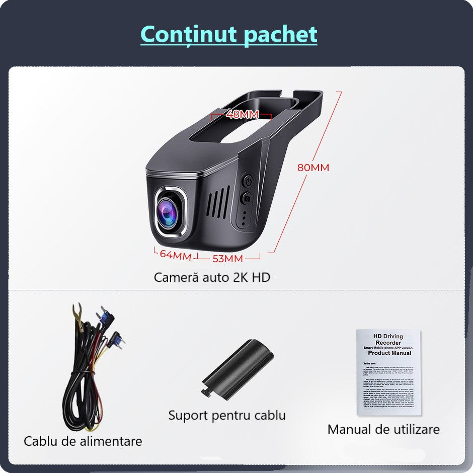 Cameră Auto Inteligentă 2K – WiFi 5GHz, Senzor de Impact și Supraveghere Permanentă