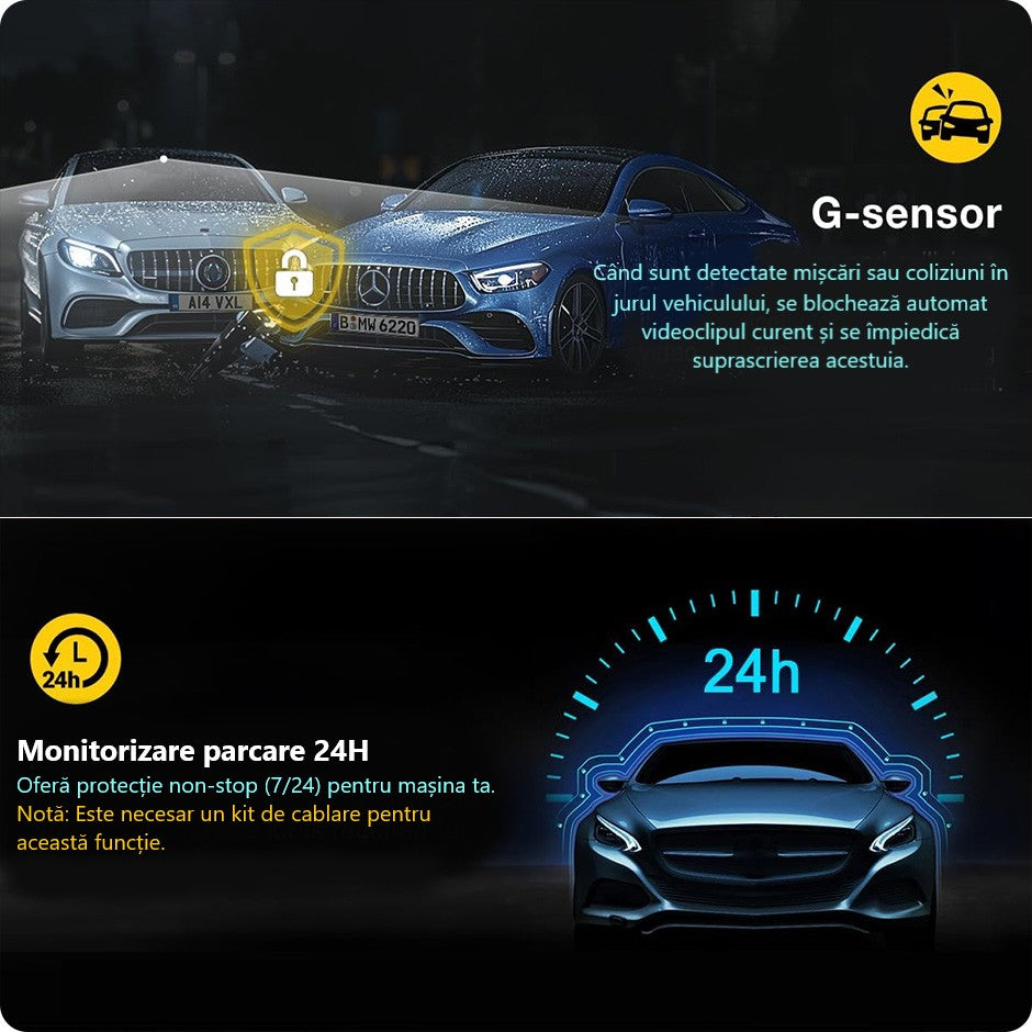 Cameră Auto Inteligentă 2K – WiFi 5GHz, Senzor de Impact și Supraveghere Permanentă