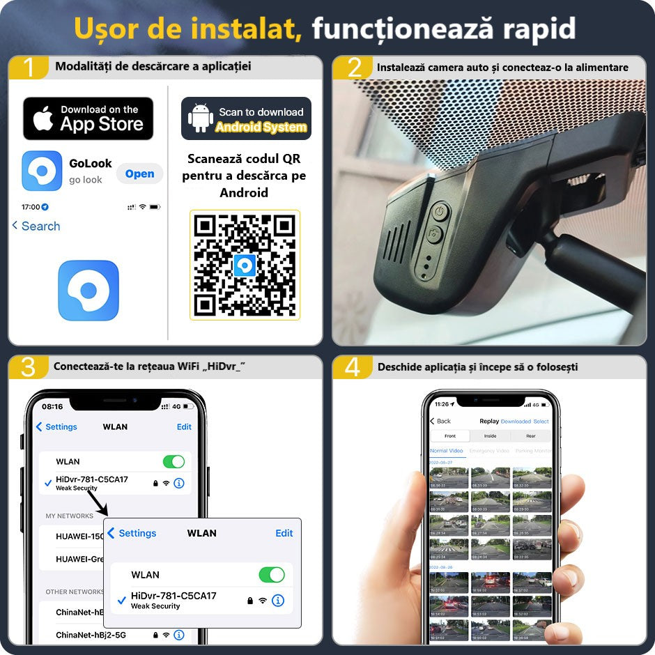 Cameră Auto Inteligentă 2K – WiFi 5GHz, Senzor de Impact și Supraveghere Permanentă