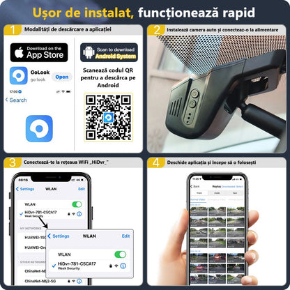 Cameră Auto Inteligentă 2K – WiFi 5GHz, Senzor de Impact și Supraveghere Permanentă
