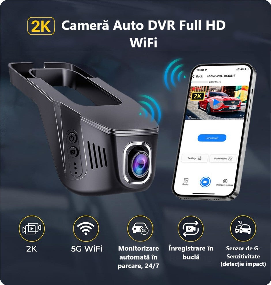 Cameră Auto Inteligentă 2K – WiFi 5GHz, Senzor de Impact și Supraveghere Permanentă
