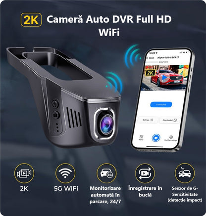 Cameră Auto Inteligentă 2K – WiFi 5GHz, Senzor de Impact și Supraveghere Permanentă