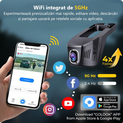 Cameră Auto Inteligentă 2K – WiFi 5GHz, Senzor de Impact și Supraveghere Permanentă
