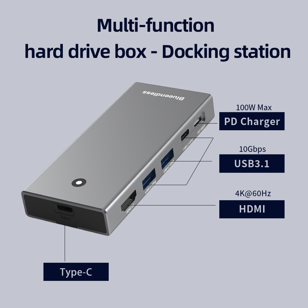 Docking Station USB-C NVMe/SATA cu cititor SSD Hub 10Gbps, HDMI 4K@60Hz, 100W PD, Cititor Card SD/TF, Carcasă Aluminiu – Compatibil M.2 2230/2242/2260/2280