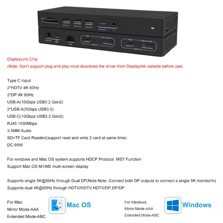 Docking Station USB-C 14-in-1 cu HDMI 4K, LAN Gigabit, USB 3.2 Gen2, Audio 3.5mm, Cititor Card TF