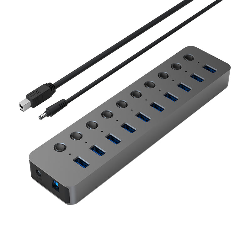 Hub USB 3.0 cu 10 porturi, comutatoare individuale și LED Indicator–Viteză 5Gbps, compatibil PC și laptop