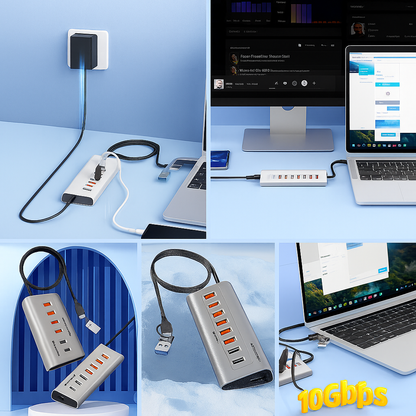 Hub USB 3.2 cu 10 Porturi (7x USB-A + 3x USB-C), Viteză 10Gbps, Alimentare 12V/3A, Carcasă Aluminiu Premium – Bluendless