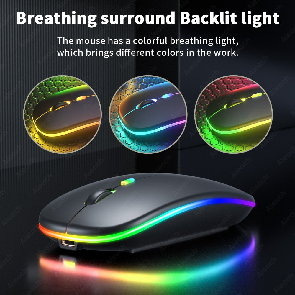 Mouse Wireless RGB Silențios cu Bluetooth 5.1 și 2.4GHz, DPI Reglabil, Baterie Reîncărcabilă – Compatibil Laptop & PC, culoare alb, gri și negru