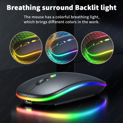 Mouse Wireless RGB Silențios cu Bluetooth 5.1 și 2.4GHz, DPI Reglabil, Baterie Reîncărcabilă – Compatibil Laptop & PC, culoare alb, gri și negru