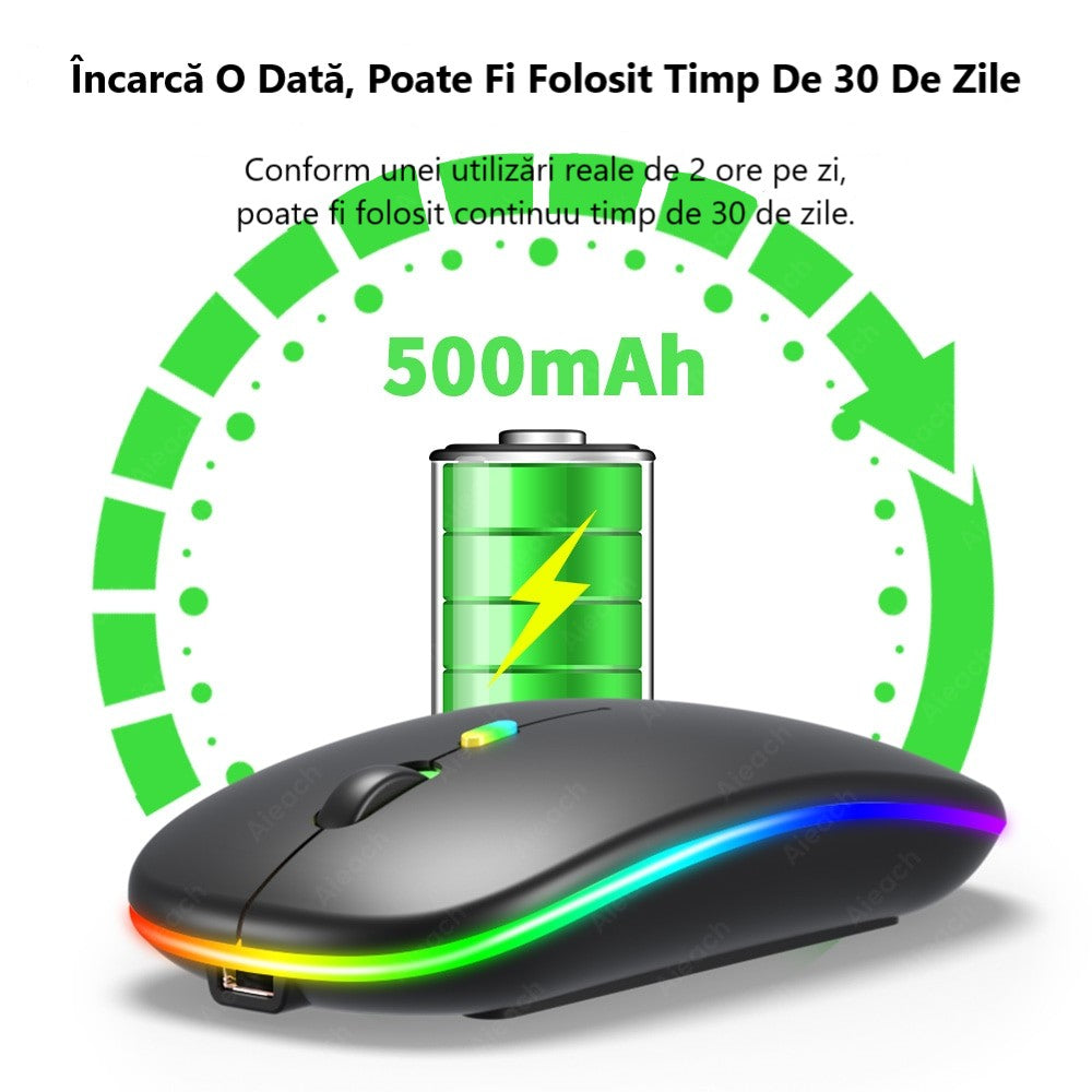 Mouse Wireless RGB Silențios cu Bluetooth 5.1 și 2.4GHz, DPI Reglabil, Baterie Reîncărcabilă – Compatibil Laptop & PC, culoare alb, gri și negru