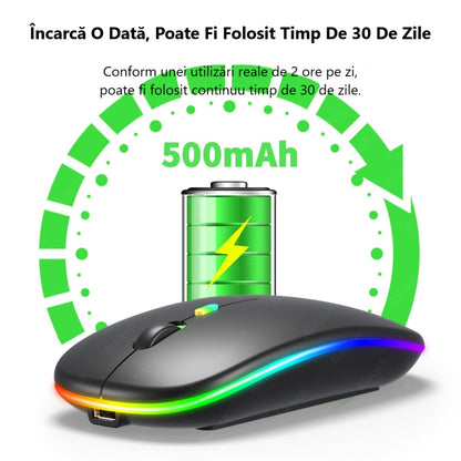 Mouse Wireless RGB Silențios cu Bluetooth 5.1 și 2.4GHz, DPI Reglabil, Baterie Reîncărcabilă – Compatibil Laptop & PC, culoare alb, gri și negru