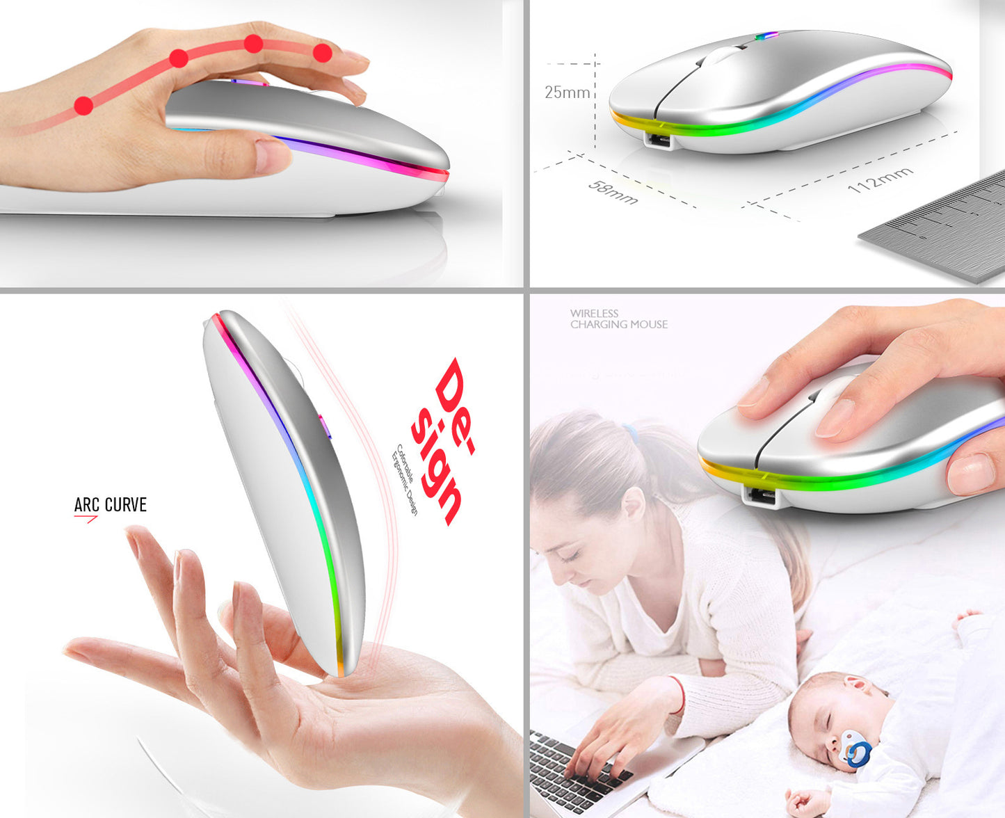 Mouse Wireless RGB Silențios cu Bluetooth 5.1 și 2.4GHz, DPI Reglabil, Baterie Reîncărcabilă – Compatibil Laptop & PC, culoare alb, gri și negru