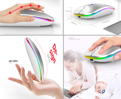 Mouse Wireless RGB Silențios cu Bluetooth 5.1 și 2.4GHz, DPI Reglabil, Baterie Reîncărcabilă – Compatibil Laptop & PC, culoare alb, gri și negru