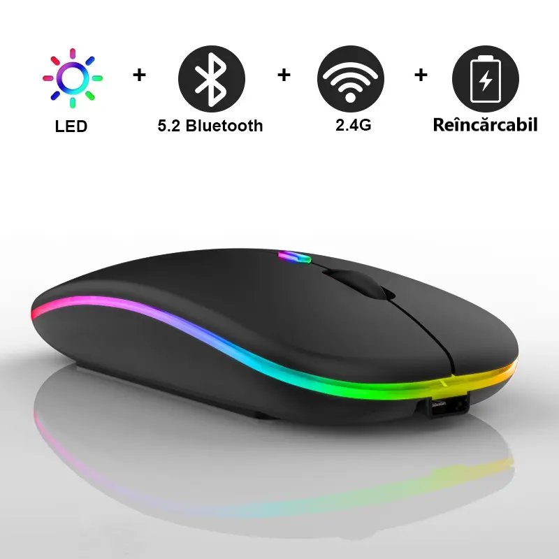 Mouse Wireless RGB Silențios cu Bluetooth 5.1 și 2.4GHz, DPI Reglabil, Baterie Reîncărcabilă – Compatibil Laptop & PC, culoare alb, gri și negru