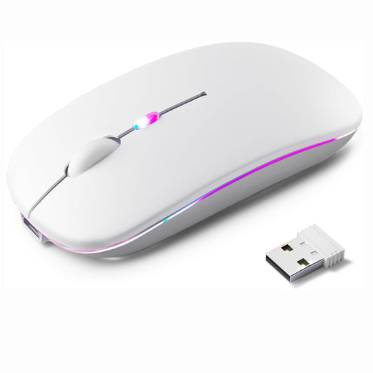 Mouse Wireless RGB Silențios cu Bluetooth 5.1 și 2.4GHz, DPI Reglabil, Baterie Reîncărcabilă – Compatibil Laptop & PC, culoare alb, gri și negru
