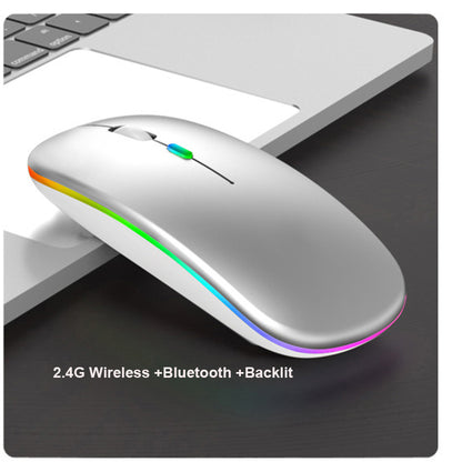 Mouse Wireless RGB Silențios cu Bluetooth 5.1 și 2.4GHz, DPI Reglabil, Baterie Reîncărcabilă – Compatibil Laptop & PC, culoare alb, gri și negru