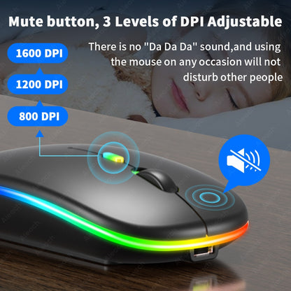 Mouse Wireless RGB Silențios cu Bluetooth 5.1 și 2.4GHz, DPI Reglabil, Baterie Reîncărcabilă – Compatibil Laptop & PC, culoare alb, gri și negru