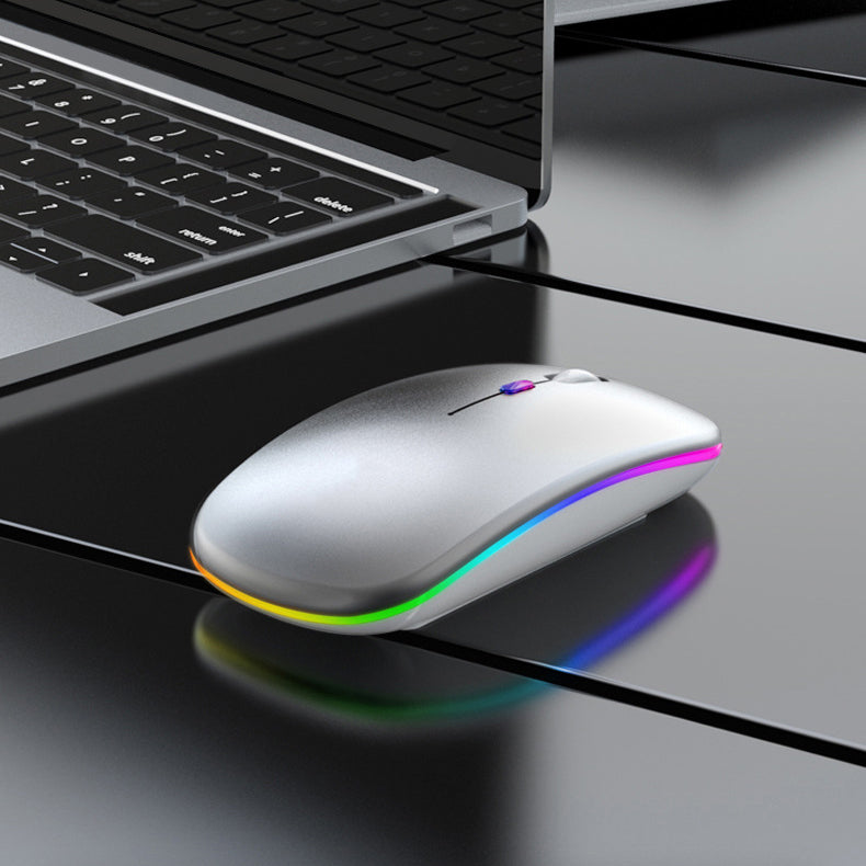 Mouse Wireless RGB Silențios cu Bluetooth 5.1 și 2.4GHz, DPI Reglabil, Baterie Reîncărcabilă – Compatibil Laptop & PC, culoare alb, gri și negru