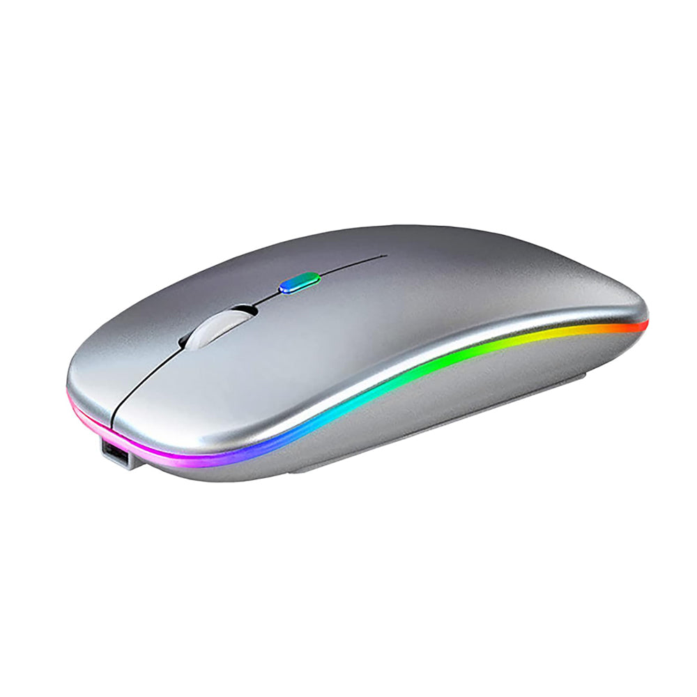 Mouse Wireless RGB Silențios cu Bluetooth 5.1 și 2.4GHz, DPI Reglabil, Baterie Reîncărcabilă – Compatibil Laptop & PC, culoare alb, gri și negru
