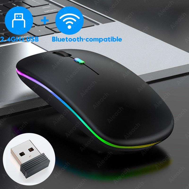 Mouse Wireless RGB Silențios cu Bluetooth 5.1 și 2.4GHz, DPI Reglabil, Baterie Reîncărcabilă – Compatibil Laptop & PC, culoare alb, gri și negru