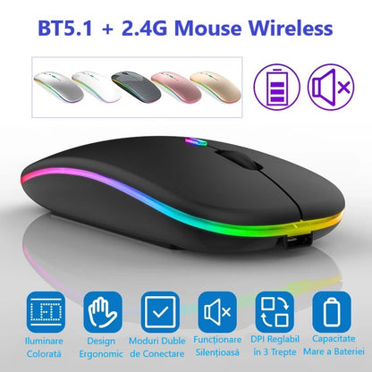 Mouse Wireless RGB Silențios cu Bluetooth 5.1 și 2.4GHz, DPI Reglabil, Baterie Reîncărcabilă – Compatibil Laptop & PC, culoare alb, gri și negru